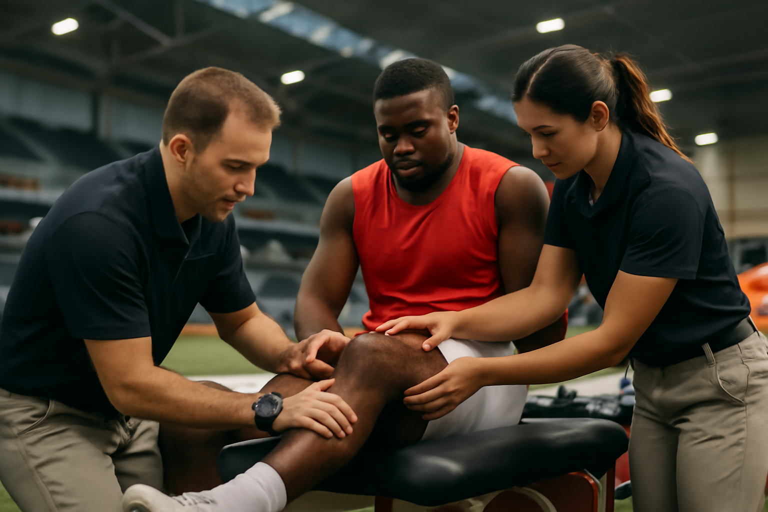 NFL team doctors examining a football player's knee inside a practice facility training room