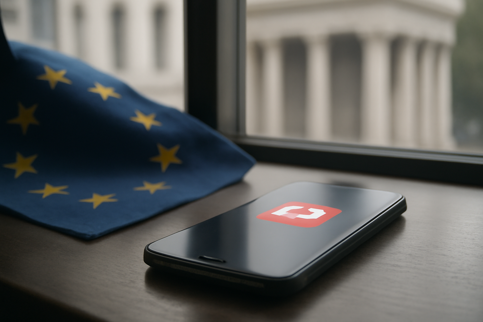 European Union flag and a smartphone displaying the X logo on a desk with courtroom architecture in the background