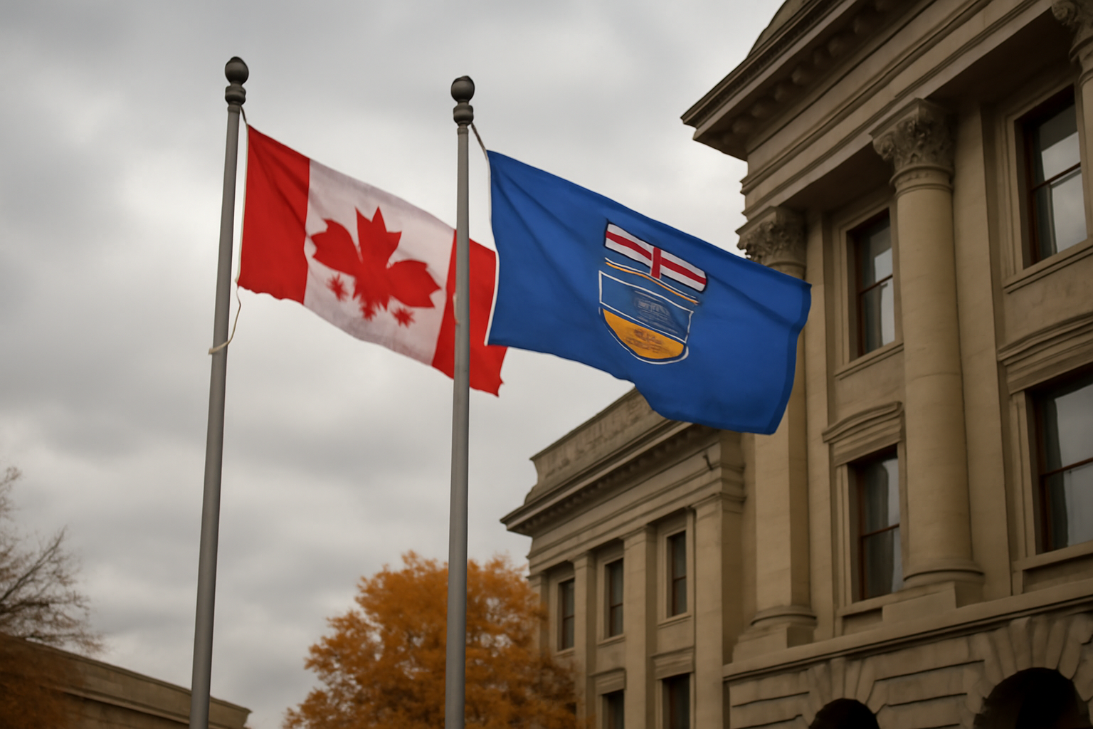 Canadian and Alberta provincial flags flying together outside a government building under overcast sky