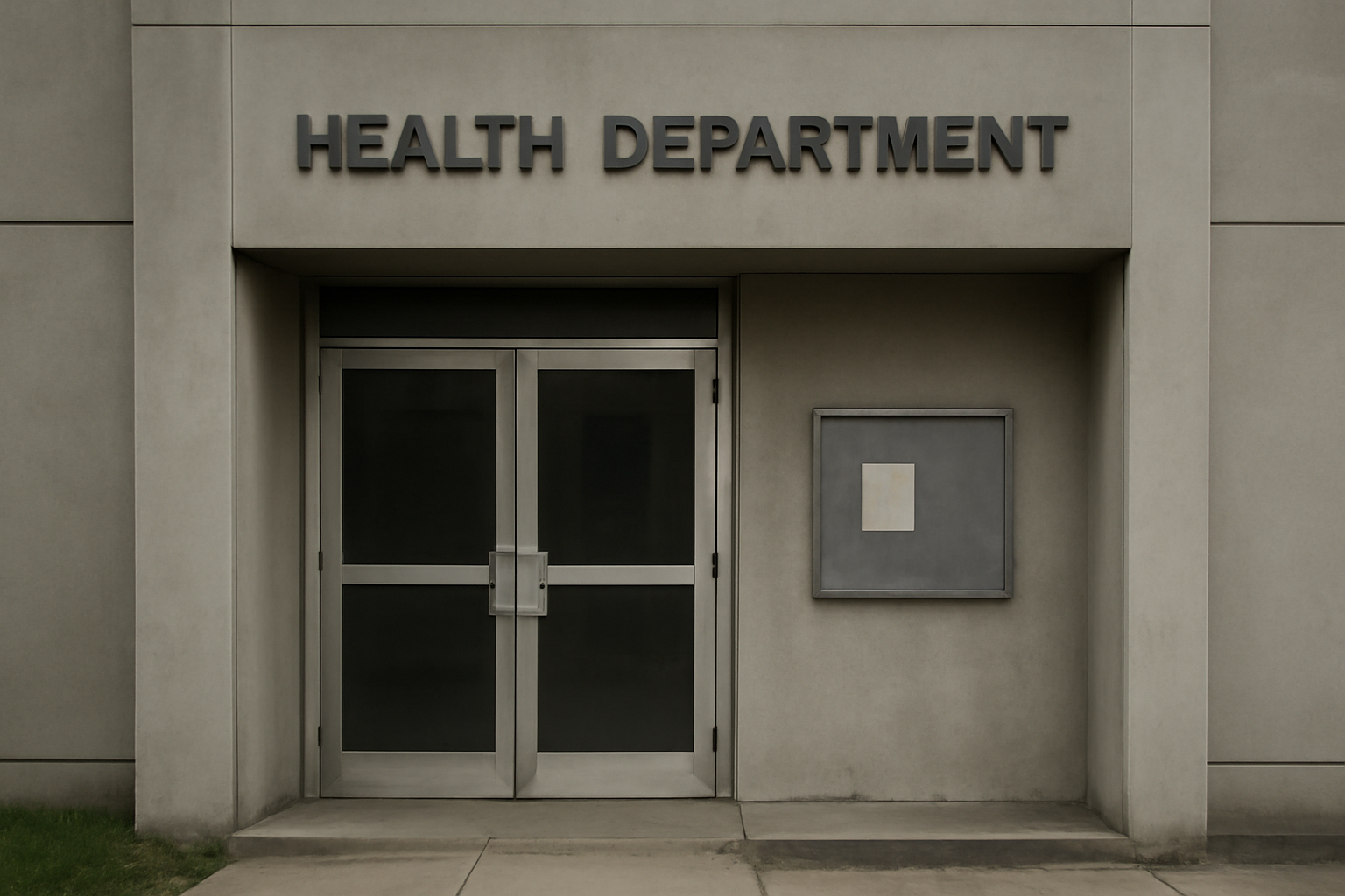 A state health department building exterior with a Medicaid enrollment sign near the entrance