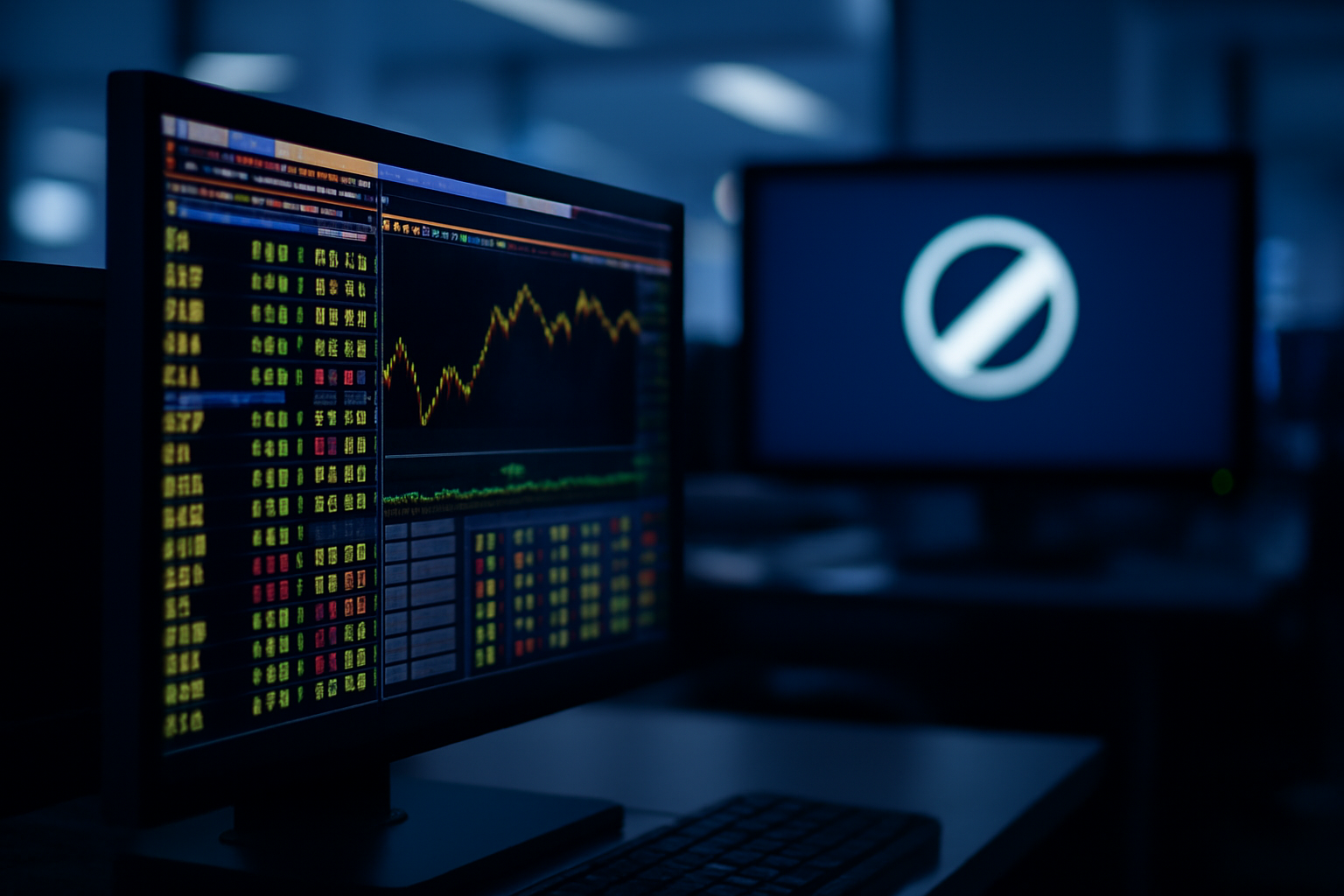 Meta Platforms logo displayed on a stock exchange ticker screen alongside a Bloomberg terminal