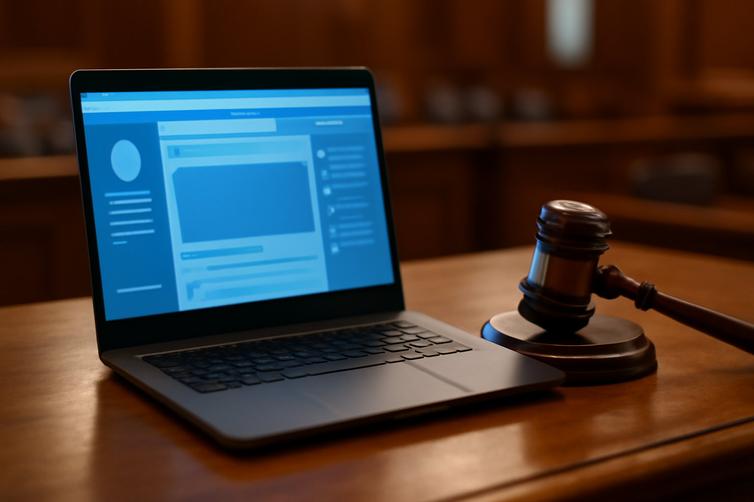 A courtroom gavel resting beside a laptop displaying the Facebook logo on a wooden table