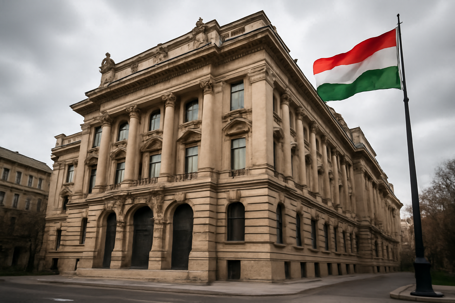Exterior of a European central bank building with the Hungarian flag visible