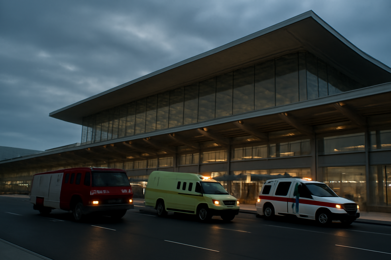 Airport terminal exterior at dusk with emergency vehicles near the entrance