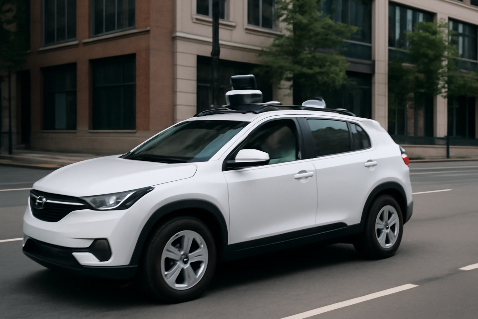 Waymo autonomous vehicle with rooftop sensors driving on a city street with an empty driver's seat