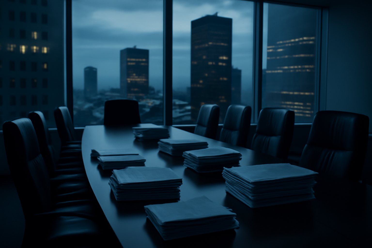 Empty boardroom table with stacks of merger documents and a city skyline visible through the window