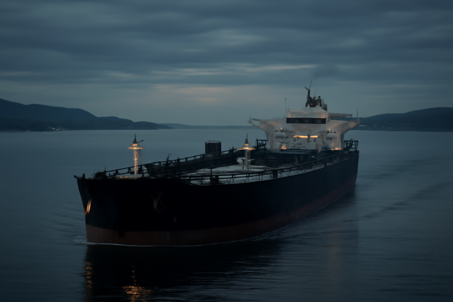 Oil tanker navigating the narrow waters of the Strait of Hormuz at dusk