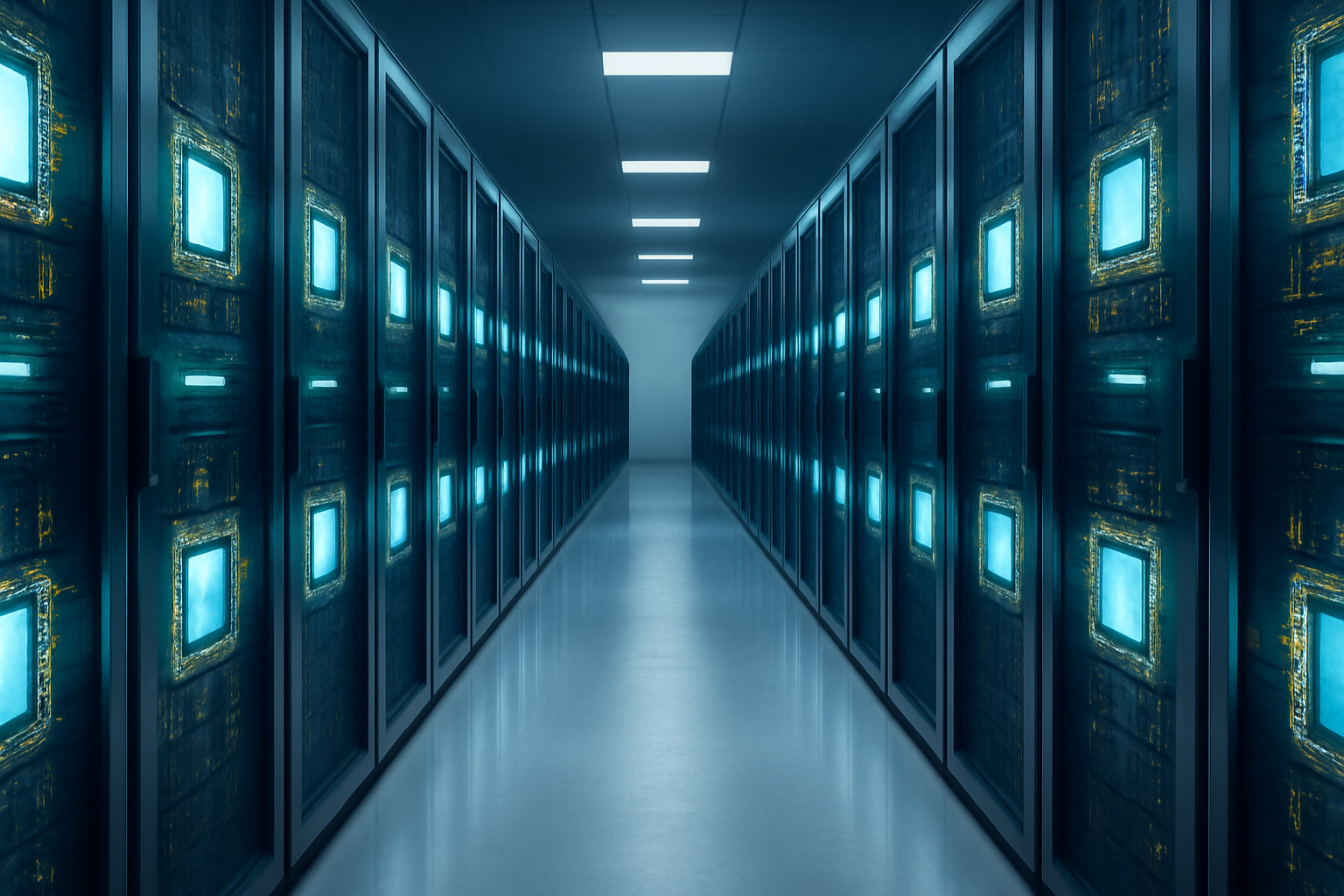 Server racks with AMD processors glowing under data center lighting
