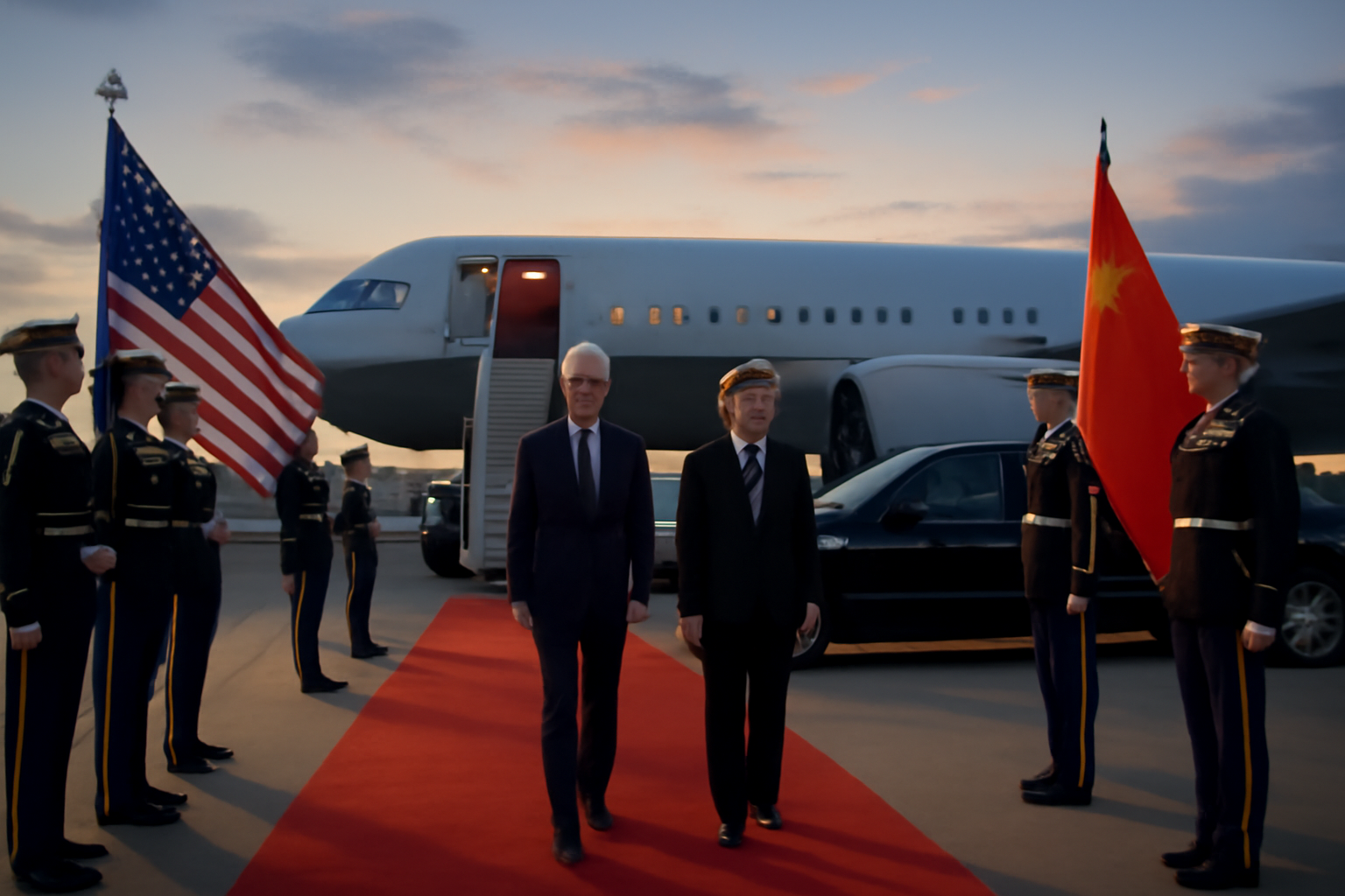 Motorcade and honor guard positioned near an airport tarmac ahead of a diplomatic arrival ceremony