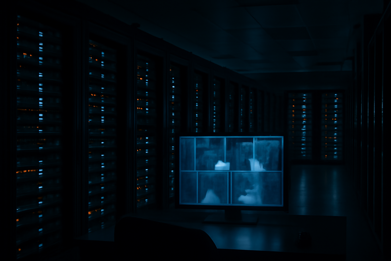 A bank data center server room with warning lights on monitoring screens