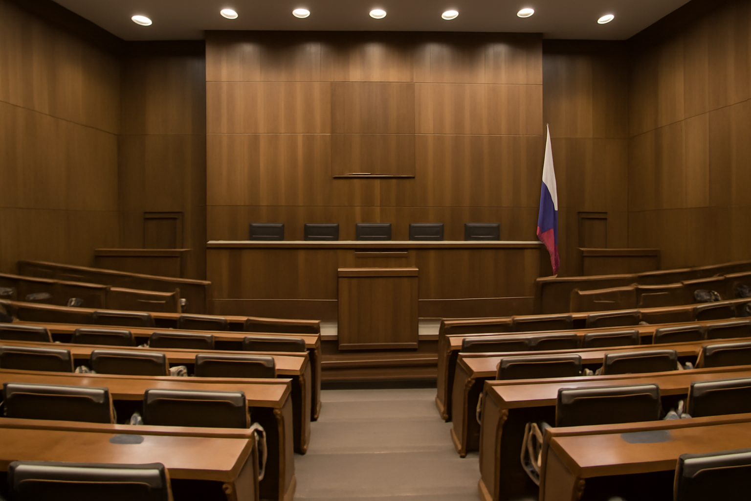 Empty parliamentary chamber with a podium and national flag, lights dimmed before a session