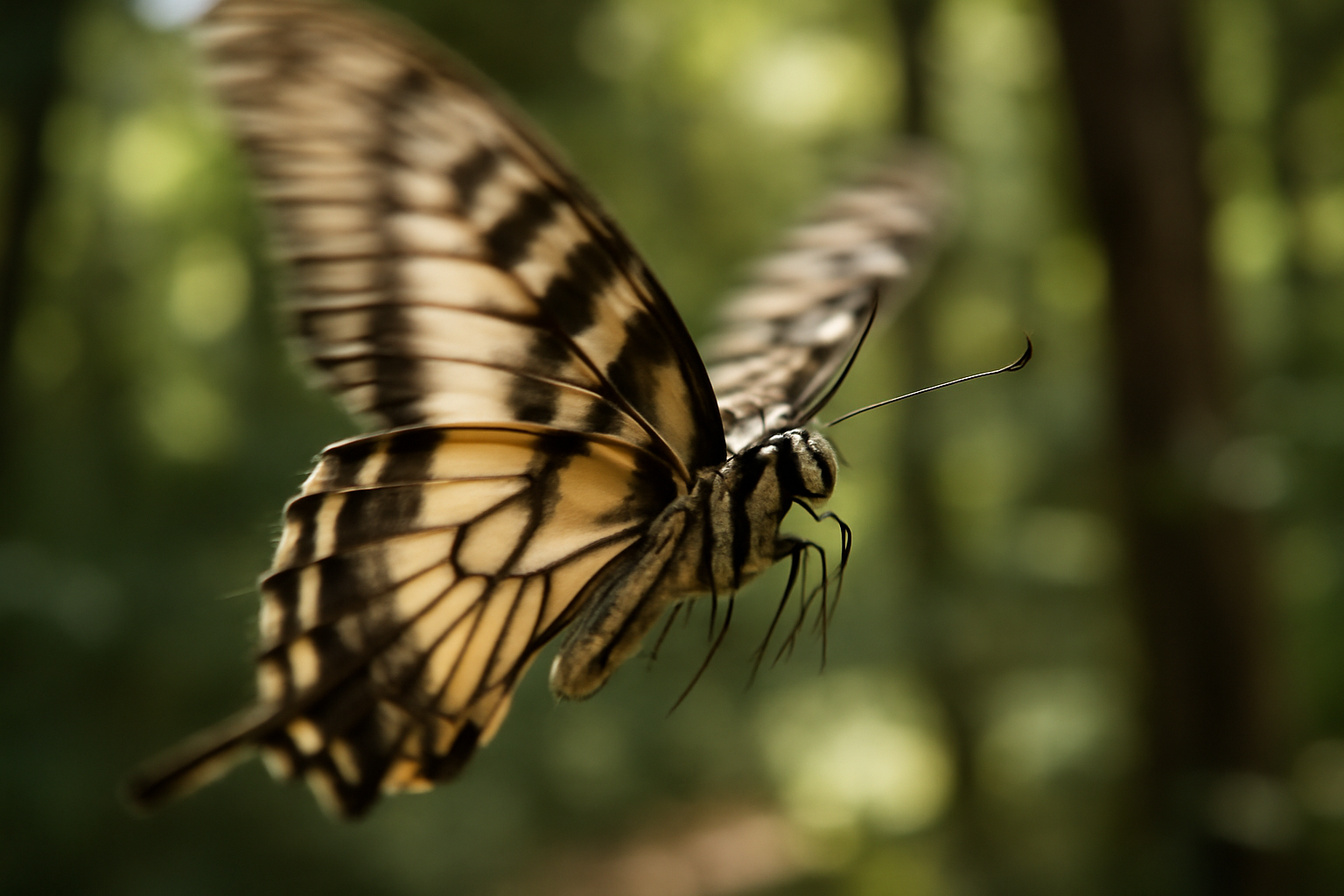 A butterfly in flight with striped wing patterns against a blurred green background