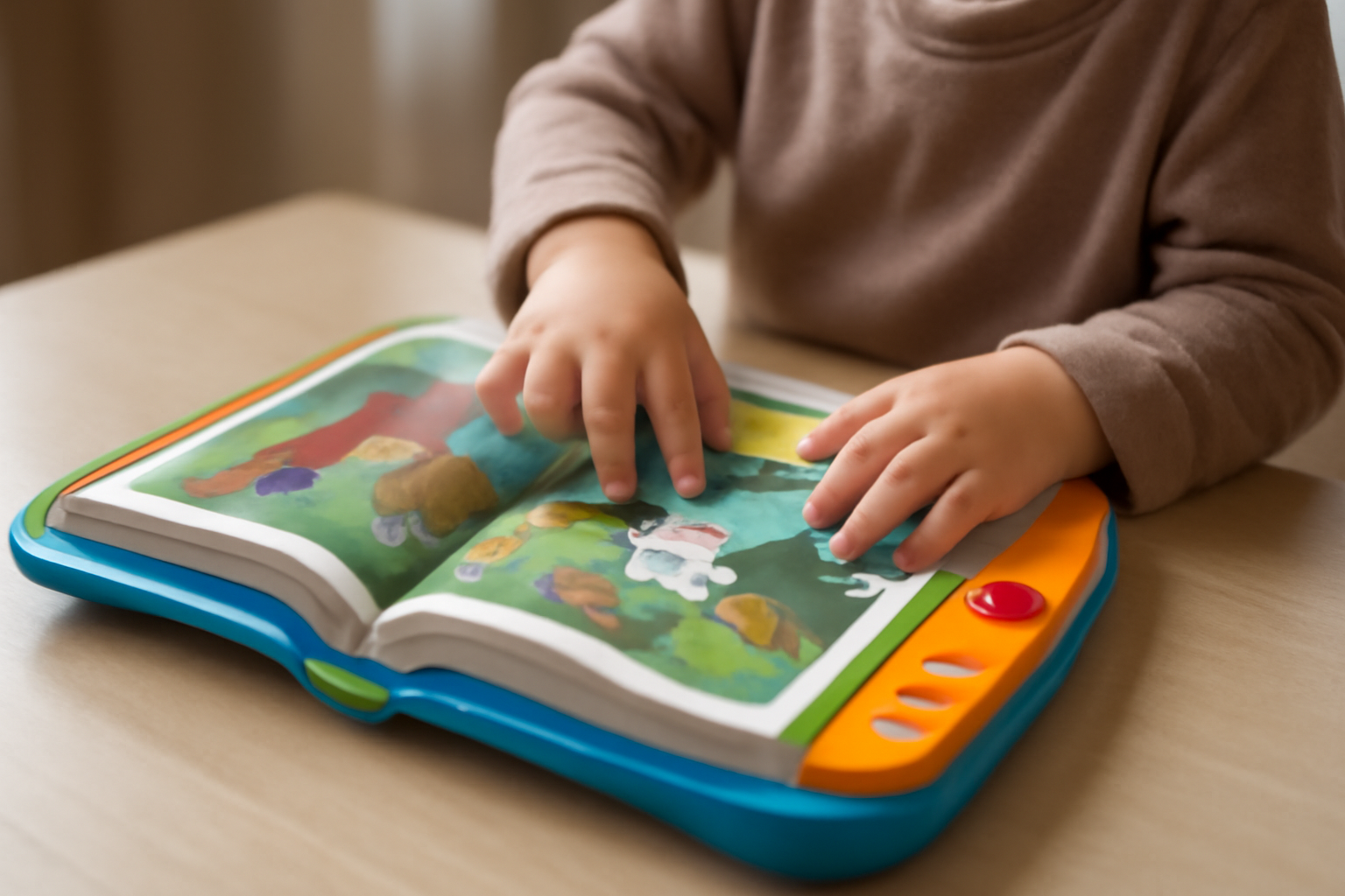 A child's hands tapping a page inside an interactive electronic reading console shaped like a book
