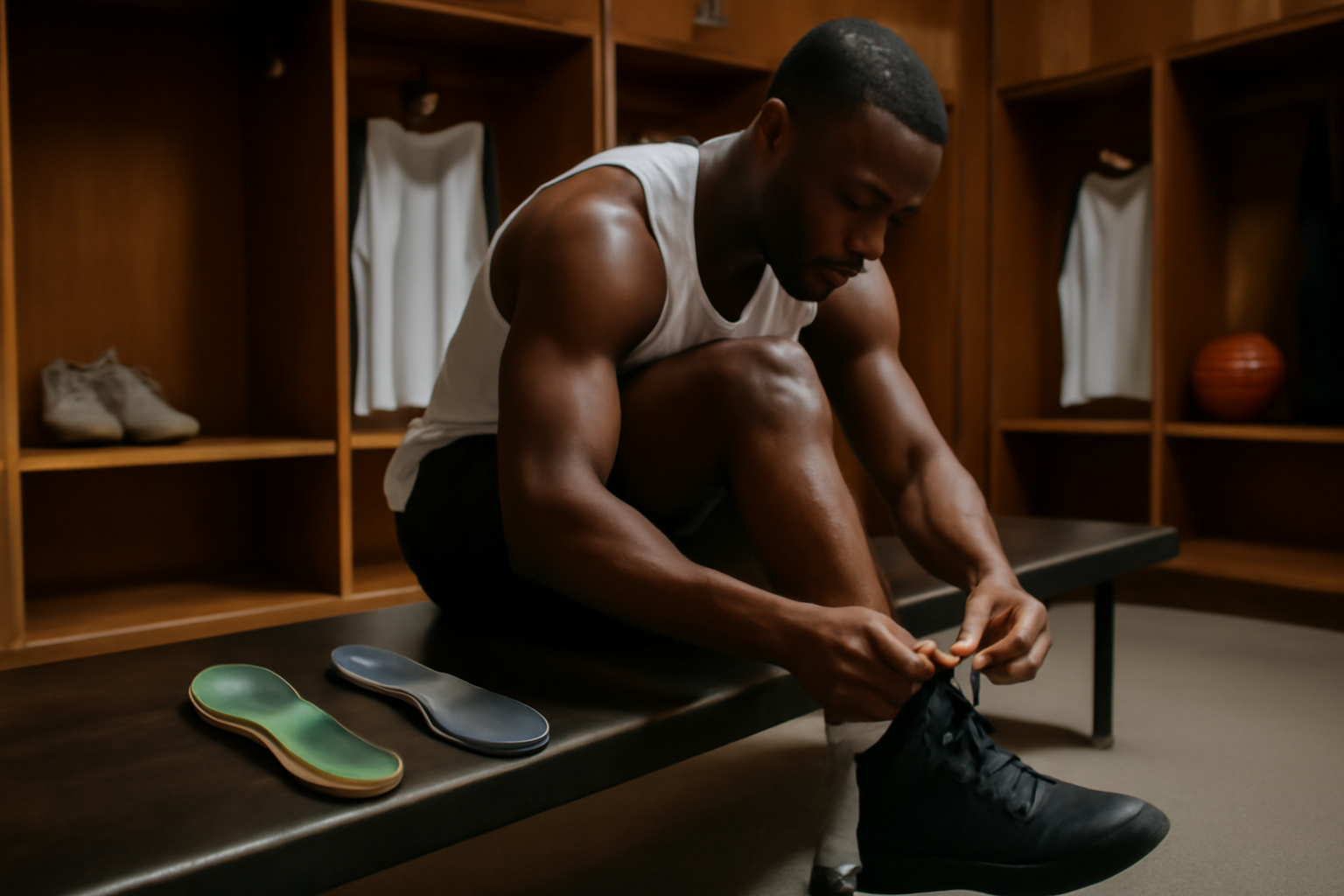 Basketball player lacing up a shoe in an NBA locker room with insoles visible beside sneakers
