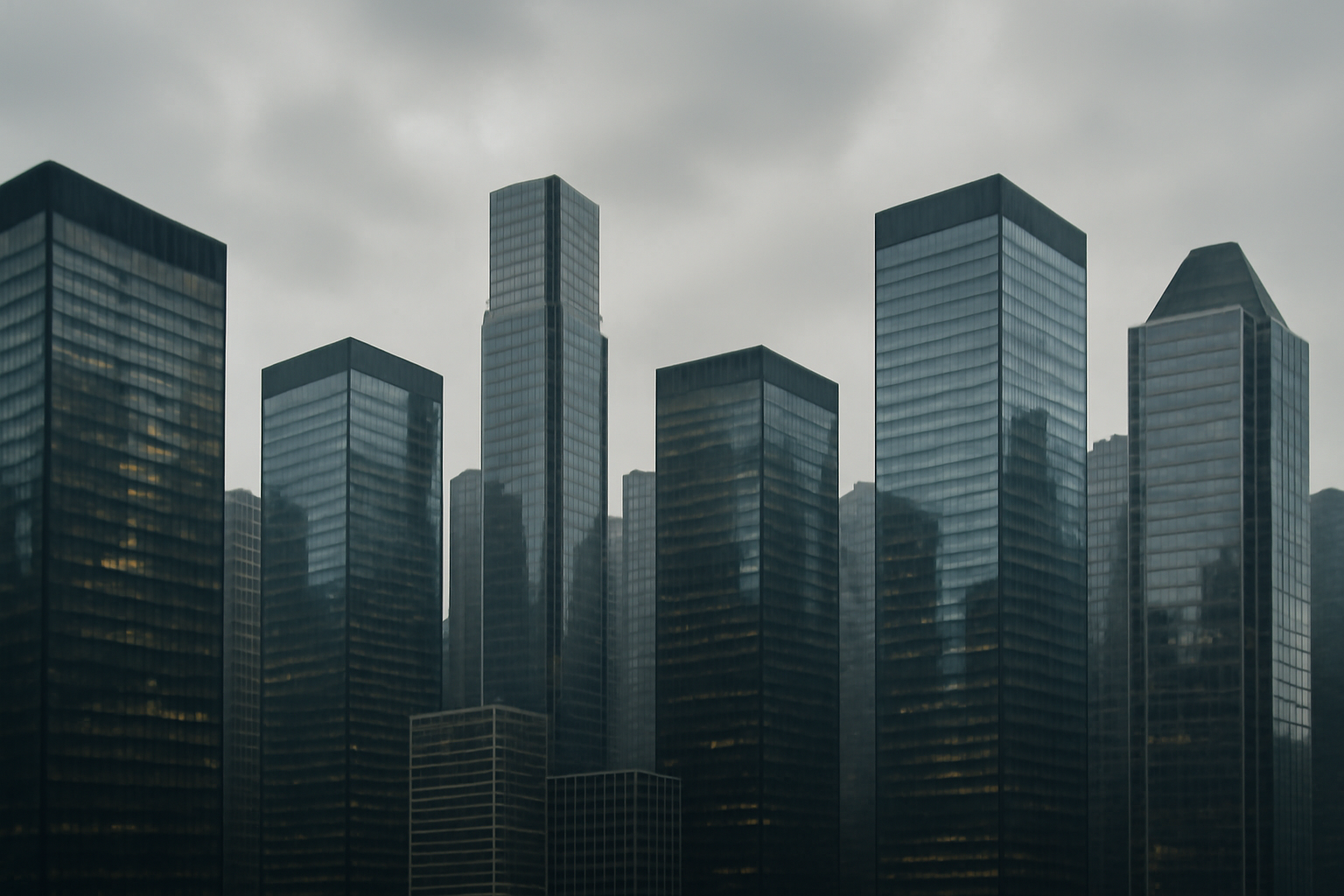 Office towers in a financial district skyline under overcast sky