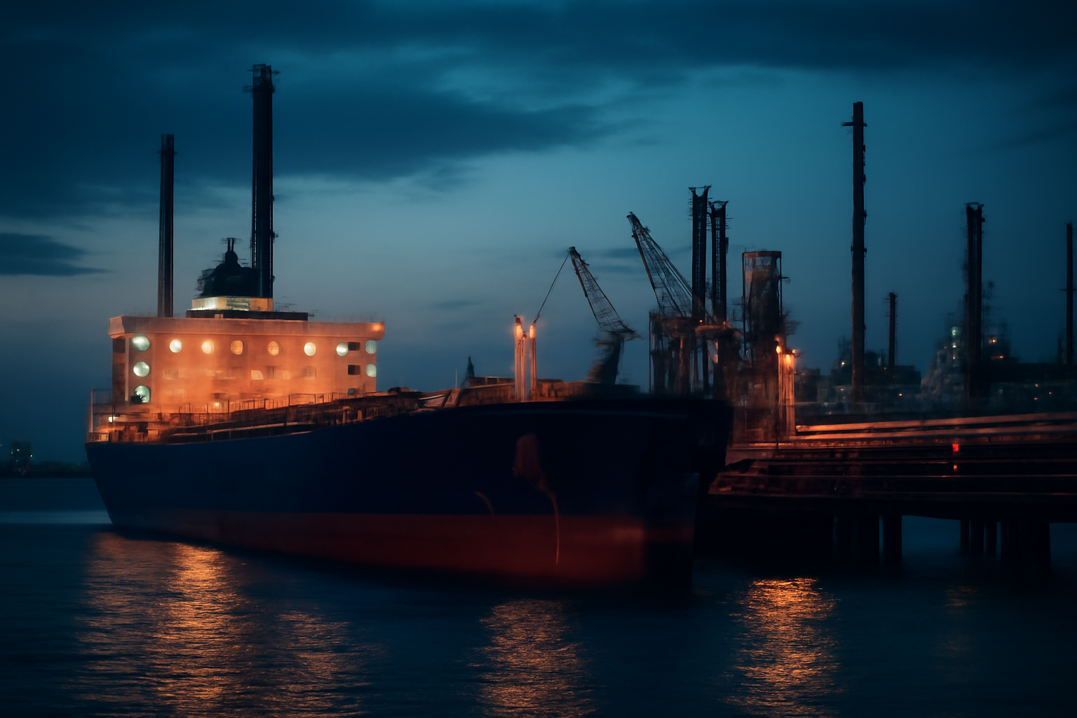 Oil tanker docked near a refinery complex at dusk with pipelines in the foreground