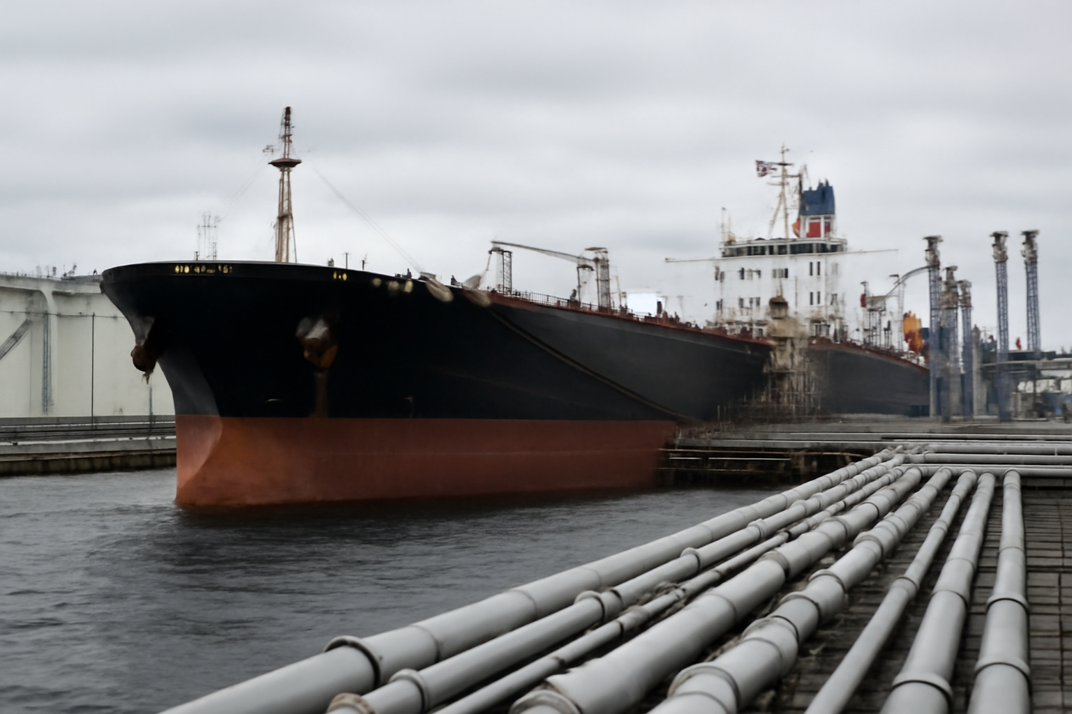 Oil tanker at a Russian export terminal with diesel storage tanks in the background