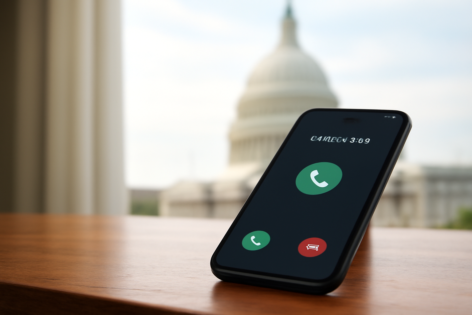 A smartphone displaying a phone call screen next to a government building column