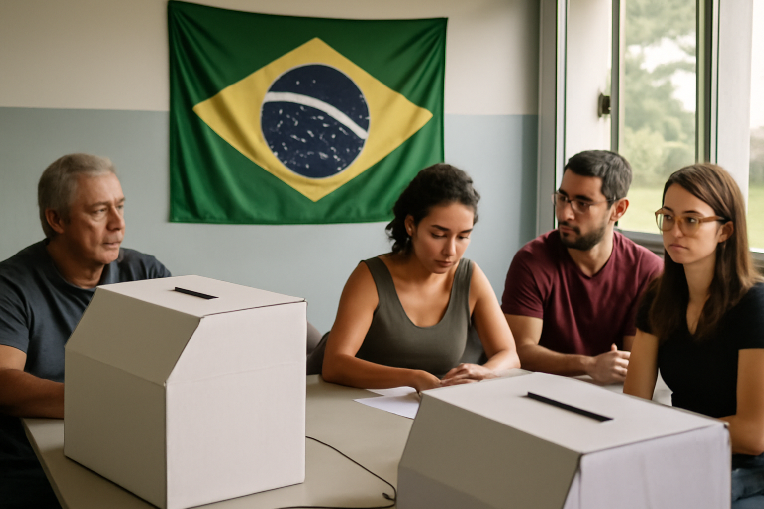 Ballot boxes and election workers inside a Brazilian polling station