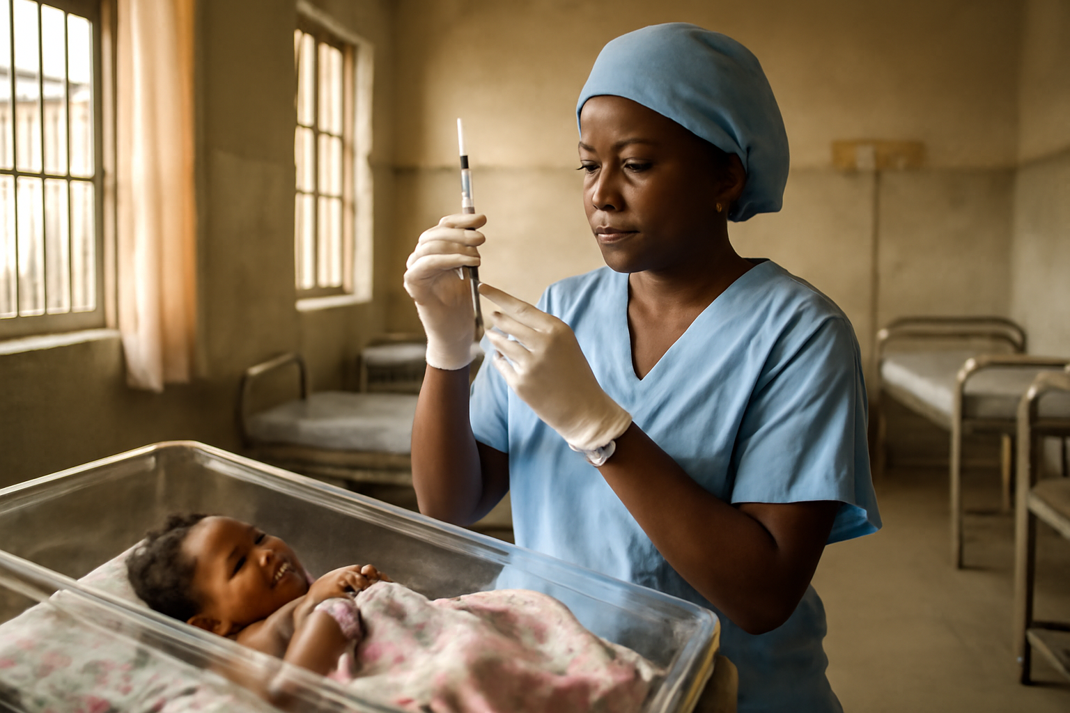 A health worker administers a vaccine to an infant at a clinic in West Africa