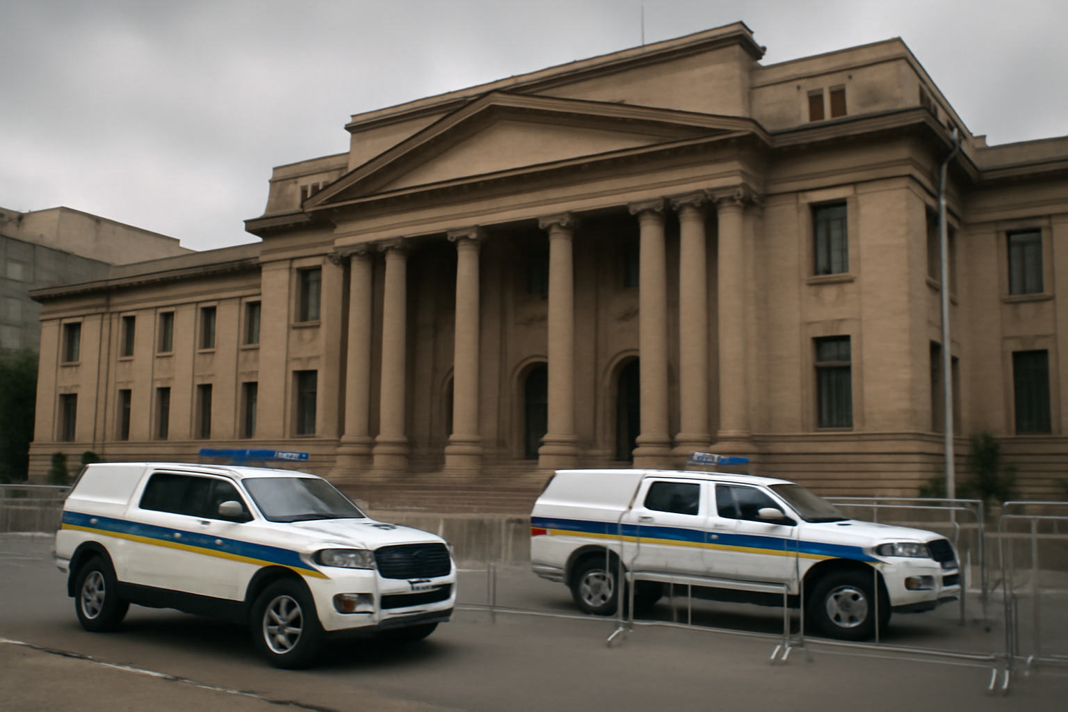 Exterior of a Johannesburg courthouse with security personnel standing near the entrance