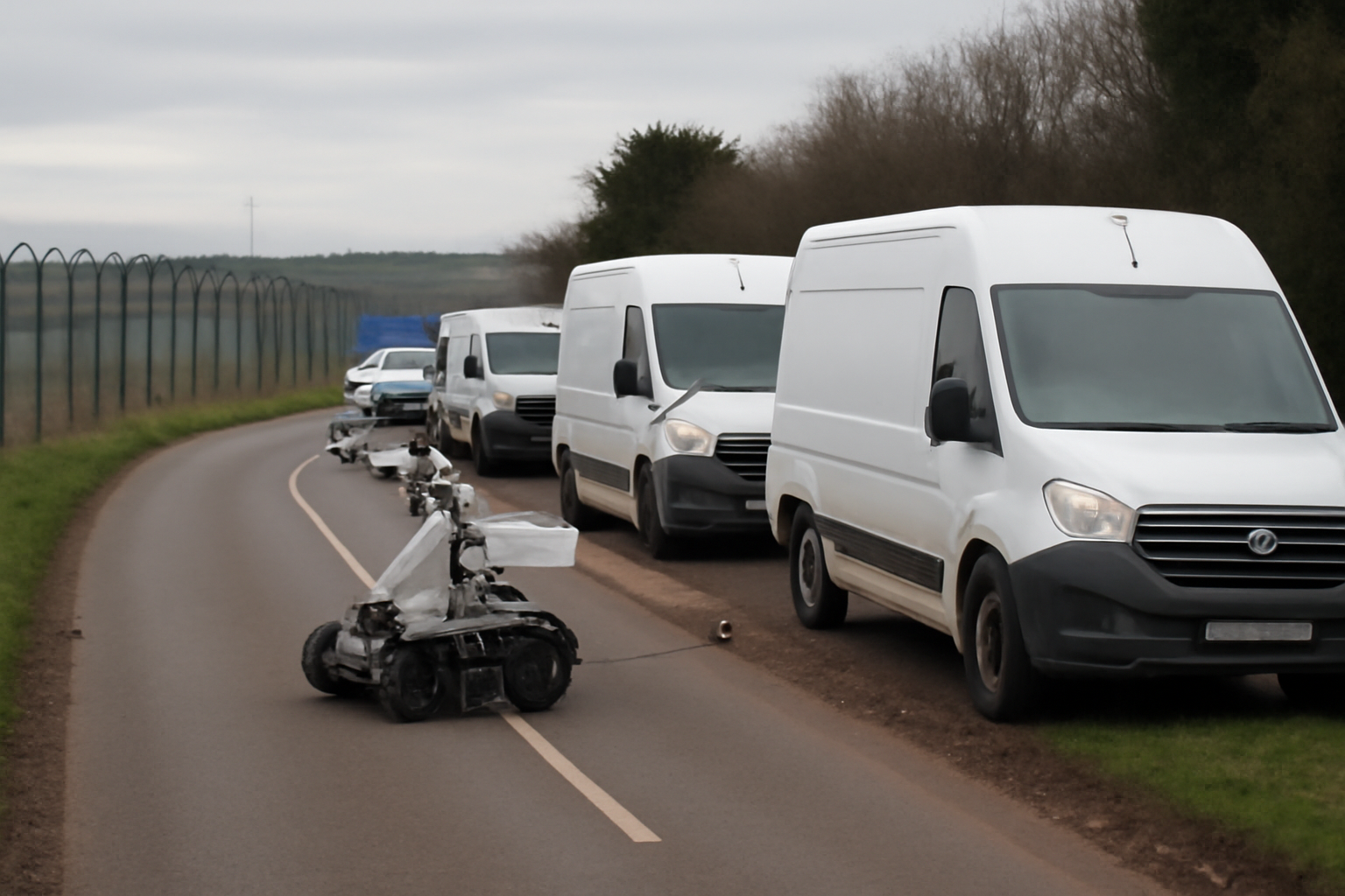 Emergency vehicles and a bomb disposal robot near white vans outside RAF Fairford air base in the English countryside