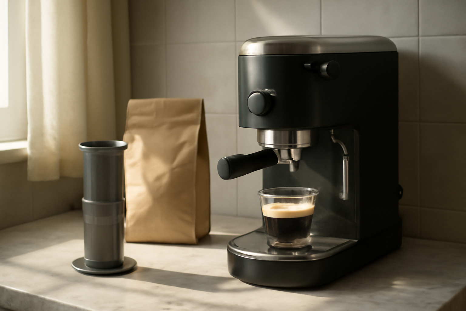 A De'Longhi Rivelia espresso machine sitting on a kitchen counter next to a bag of coffee beans