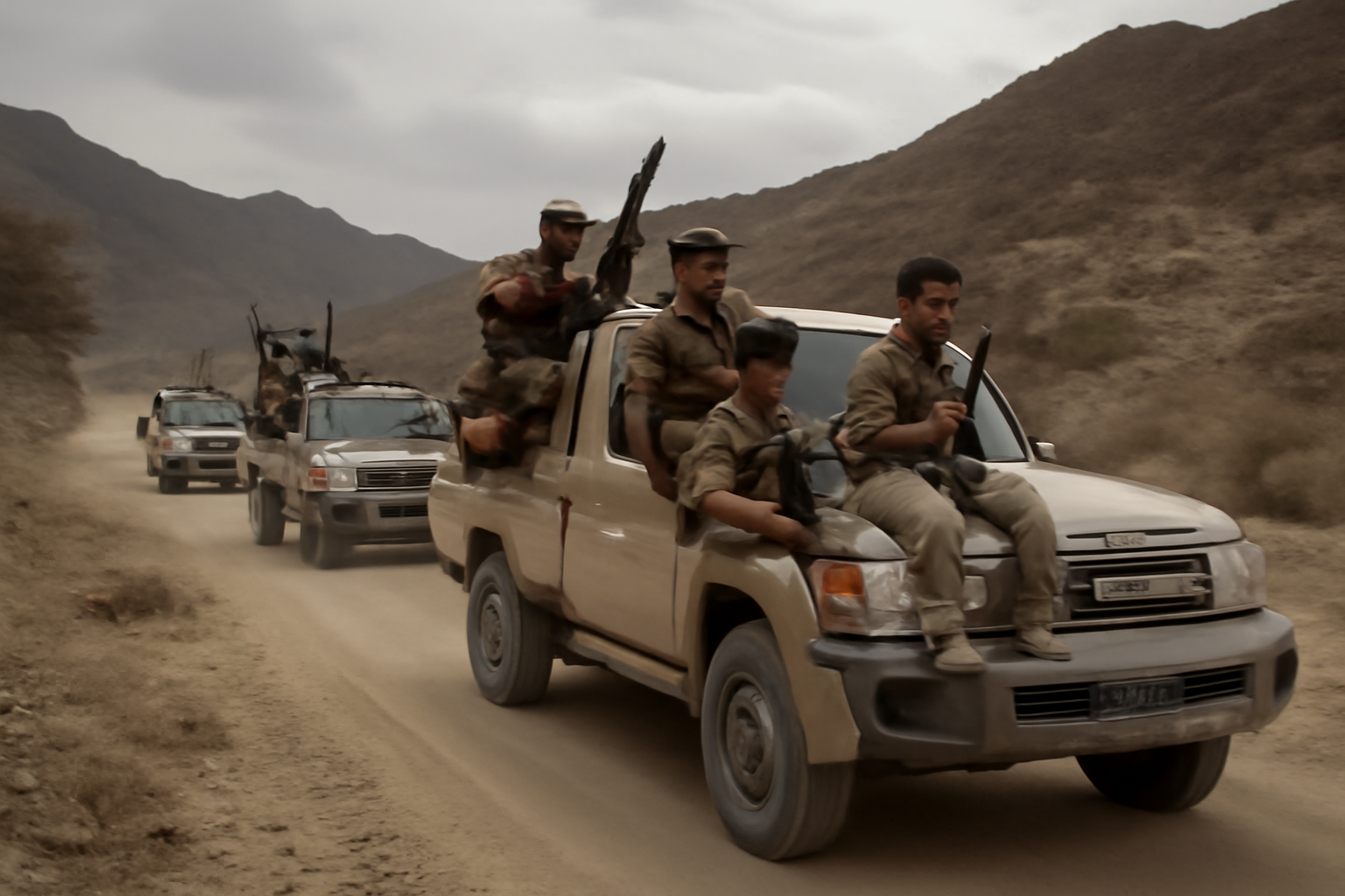 Armed Yemeni government forces moving in formation across a dusty roadway near a rural checkpoint