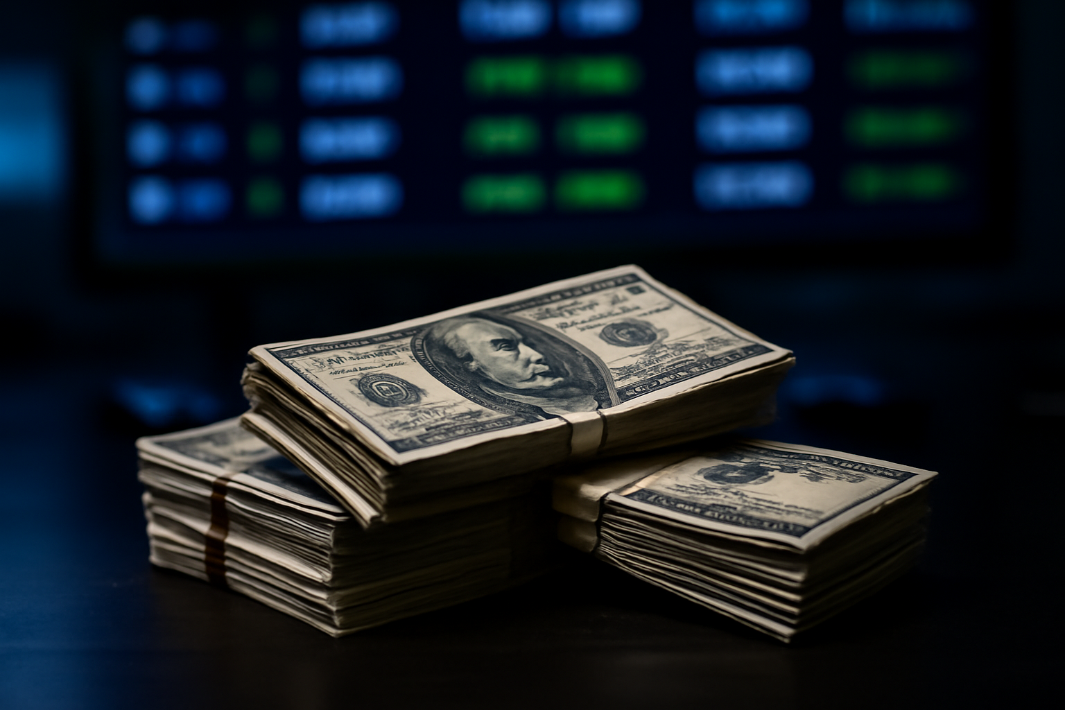 Rows of US dollar banknotes arranged beneath a backlit global currency exchange board