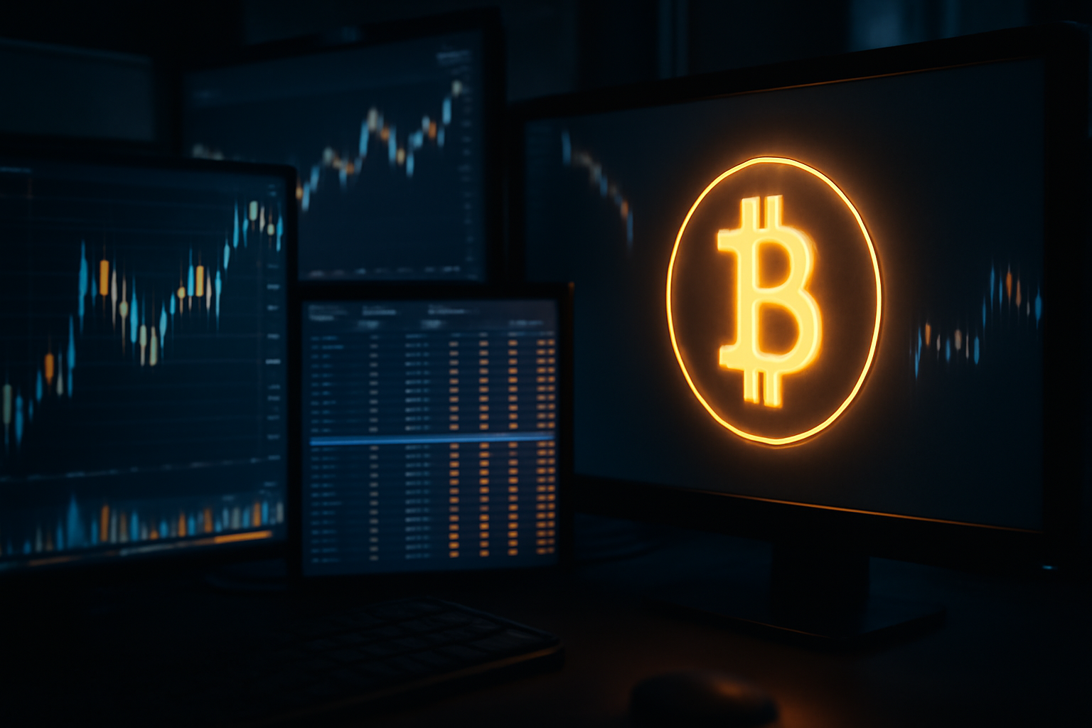 Digital trading screens displaying Bitcoin price charts and options contract data