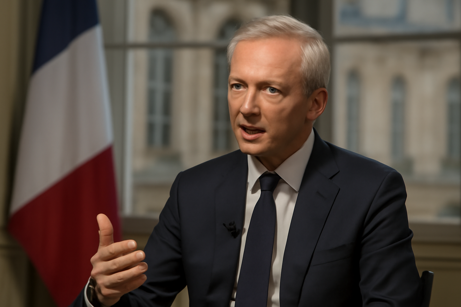 A French government official speaking into microphones during a television interview about the national budget.
