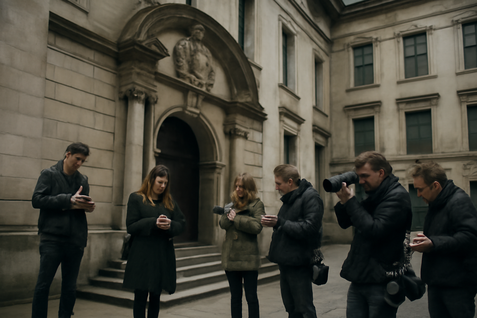 Exterior of a London courthouse with reporters gathered near the entrance