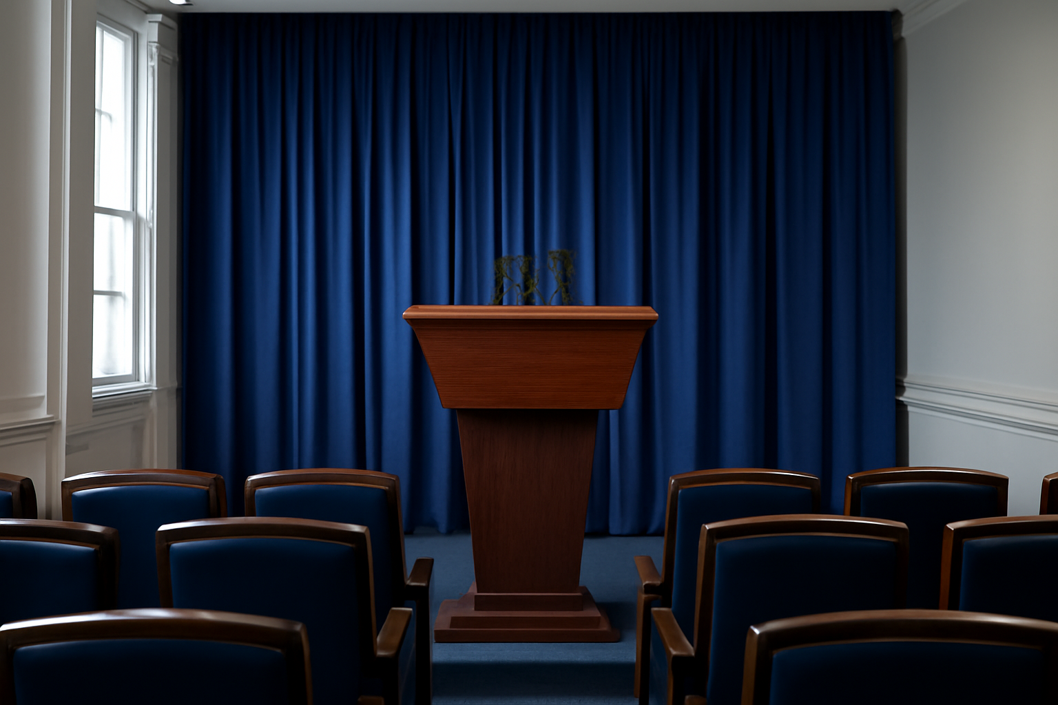 A White House press briefing room podium with microphones and the presidential seal before an afternoon briefing