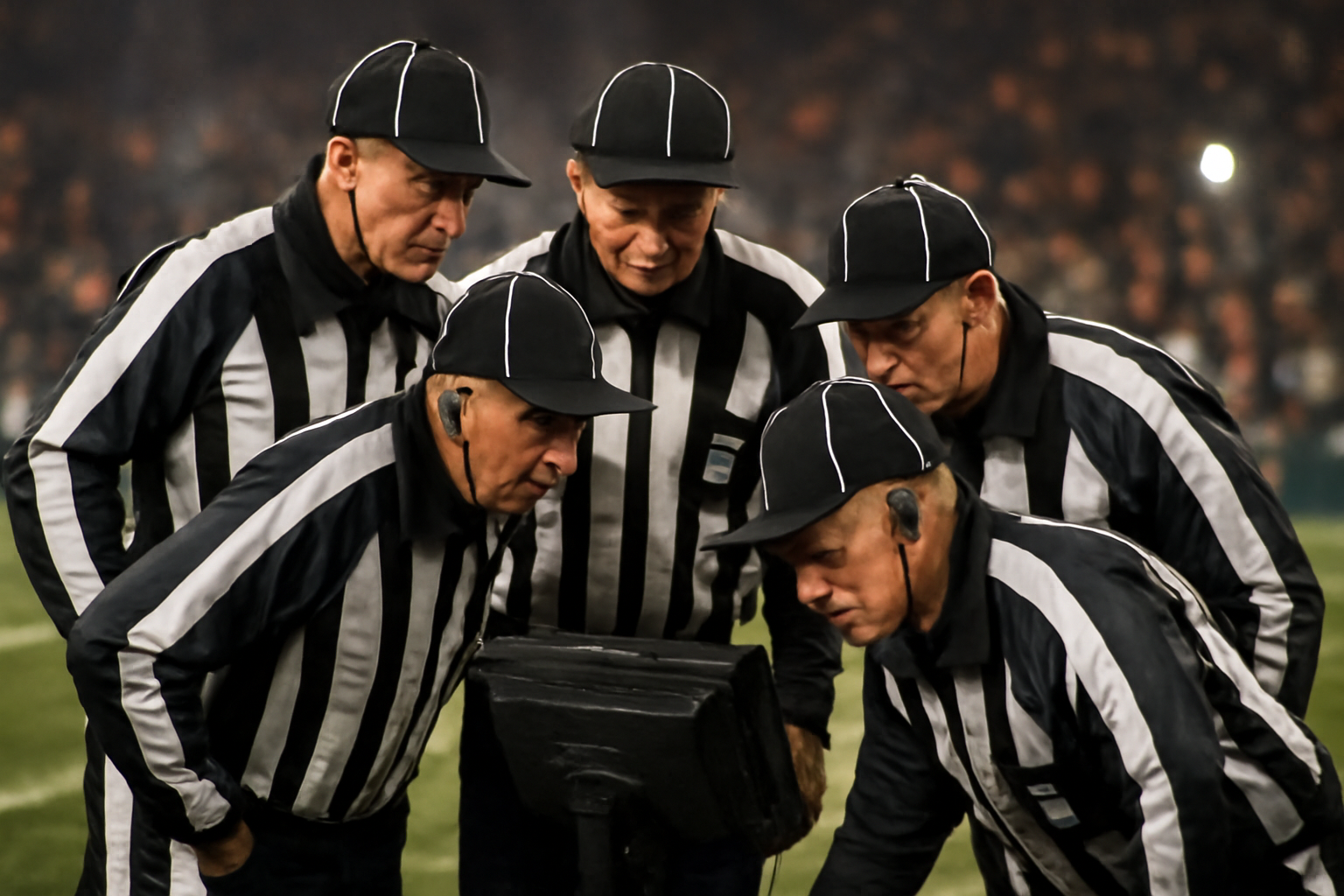 NFL officiating crew huddled on the field reviewing a call during a game