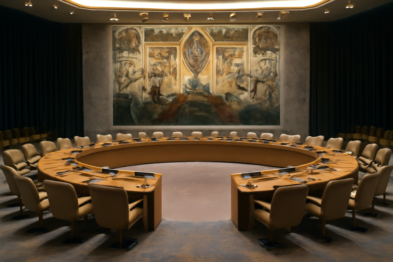 Empty chairs arranged around the U.N. Security Council's horseshoe table under soft overhead light
