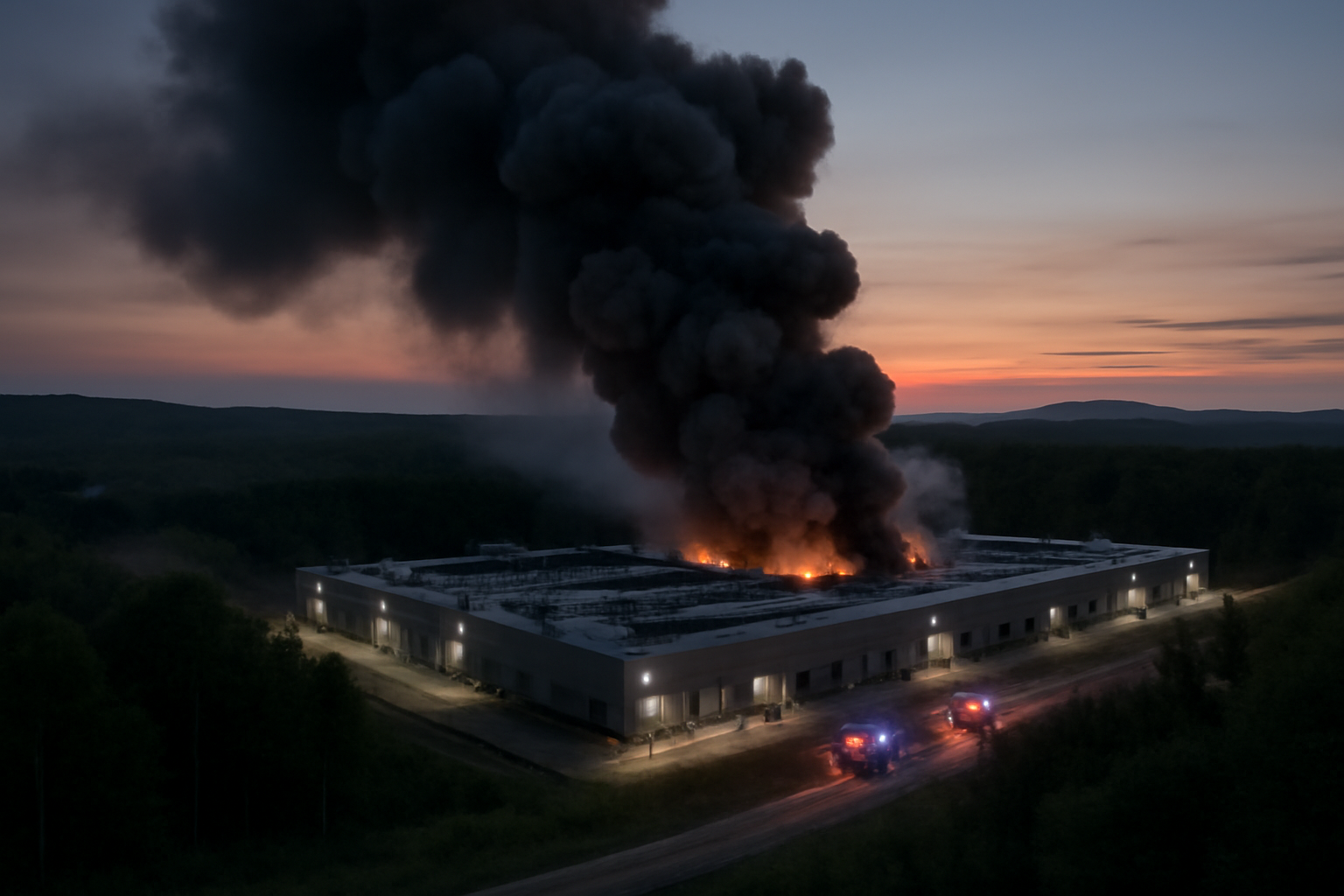 Smoke rising from a damaged data center building after a drone strike in rural Russia