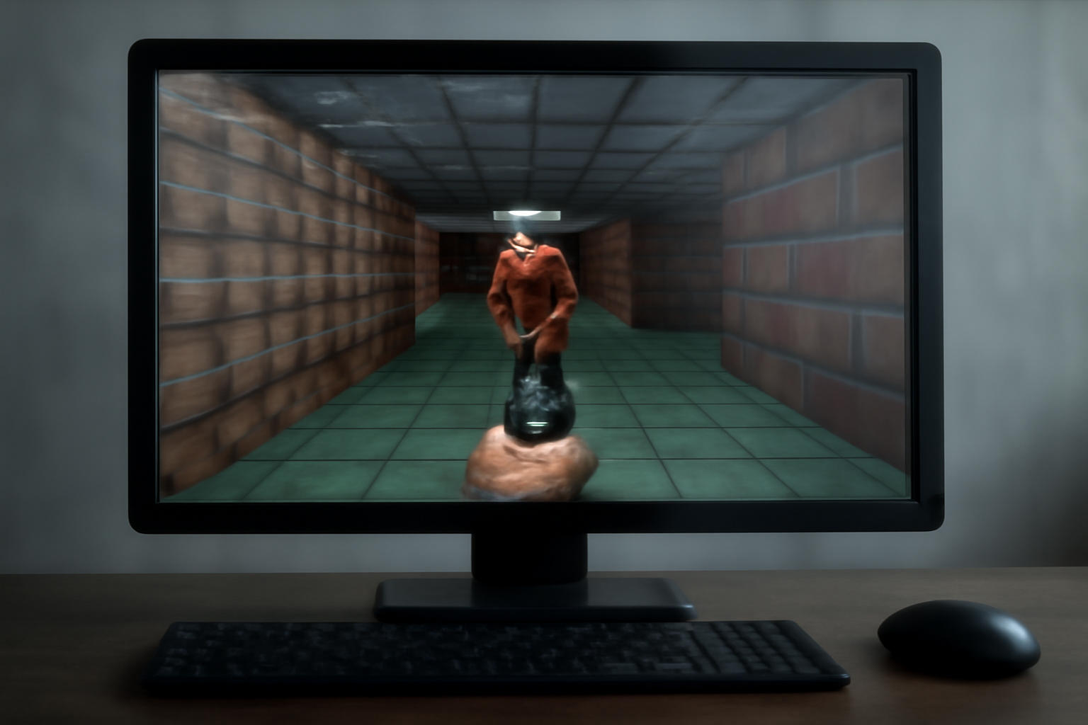 A first-person view of a dim brick corridor rendered in classic Doom style with a weapon visible at the bottom of the screen