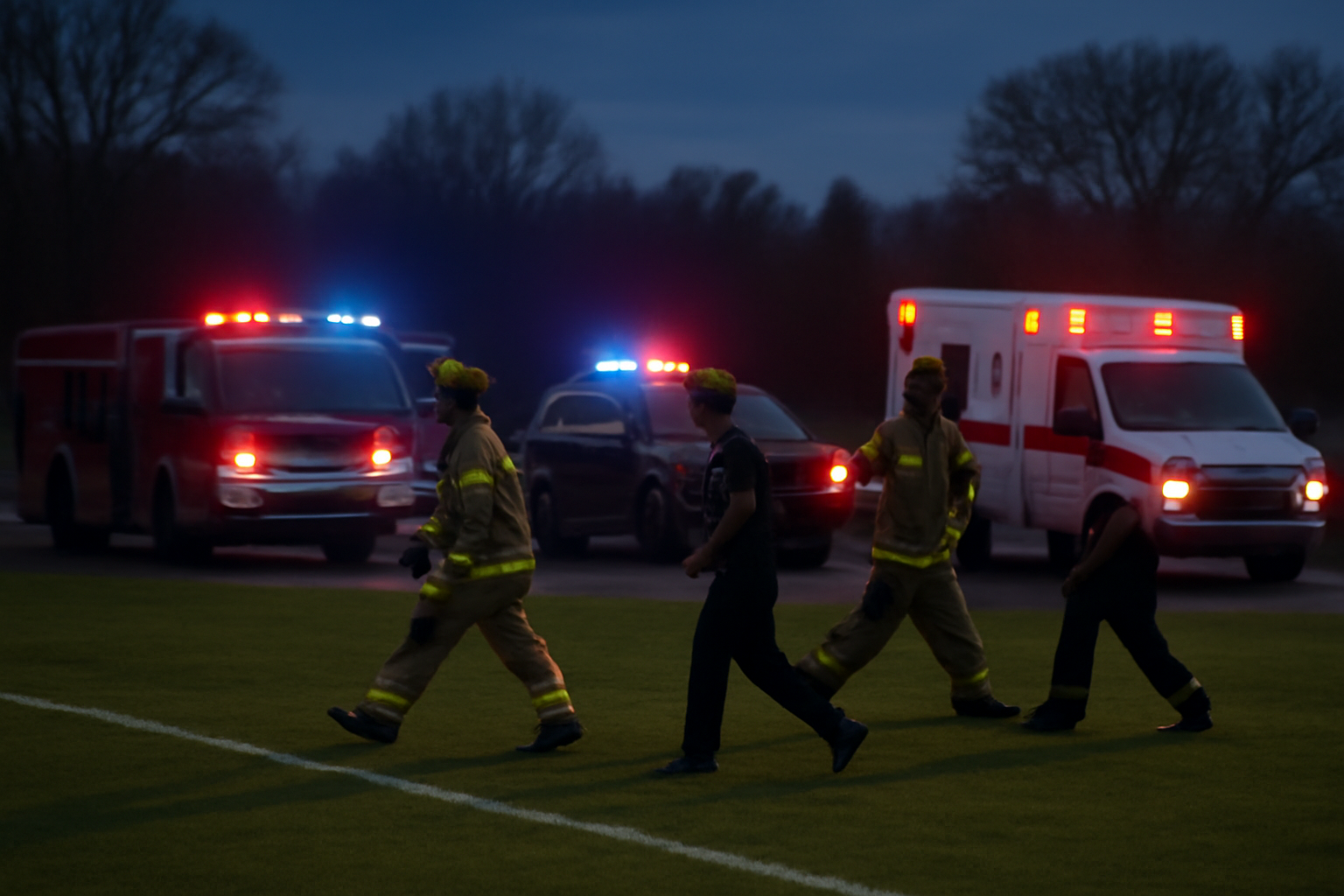 Emergency vehicles and first responders gathered near a soccer field perimeter in Kansas