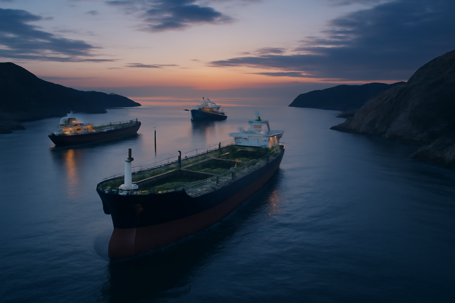 Oil tankers queued in the Strait of Hormuz waterway between Iran and Oman