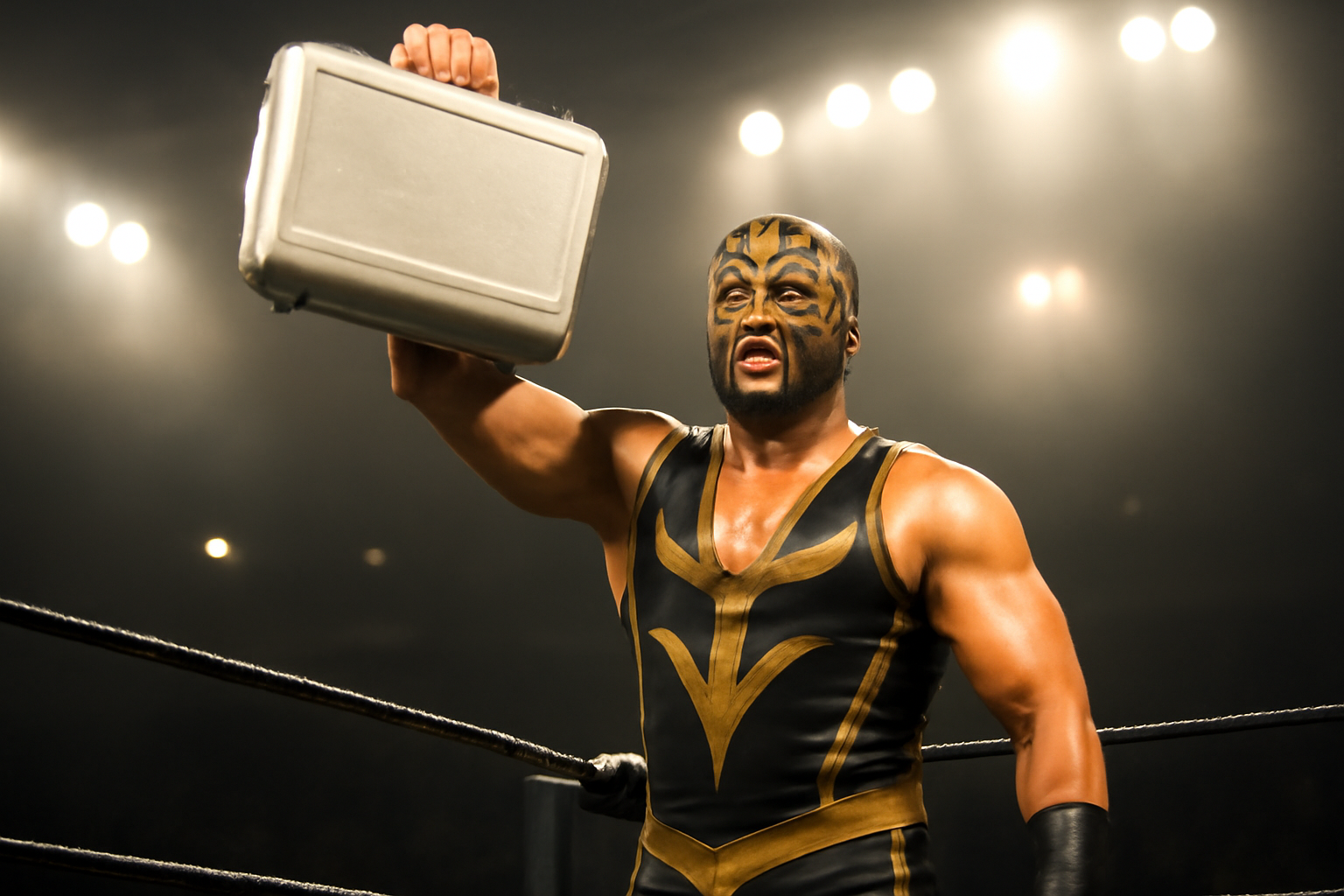 Wrestler in black lucha mask raising a briefcase above his head on a WWE entrance ramp
