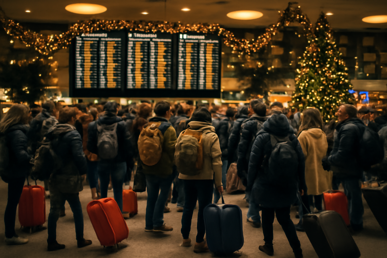 Airport departure board showing holiday flight listings above a crowded terminal