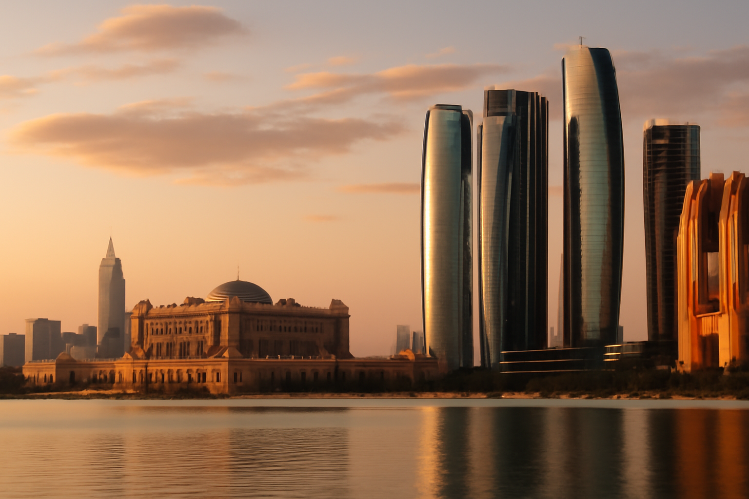 Aerial view of the Abu Dhabi skyline at dusk with government buildings along the waterfront
