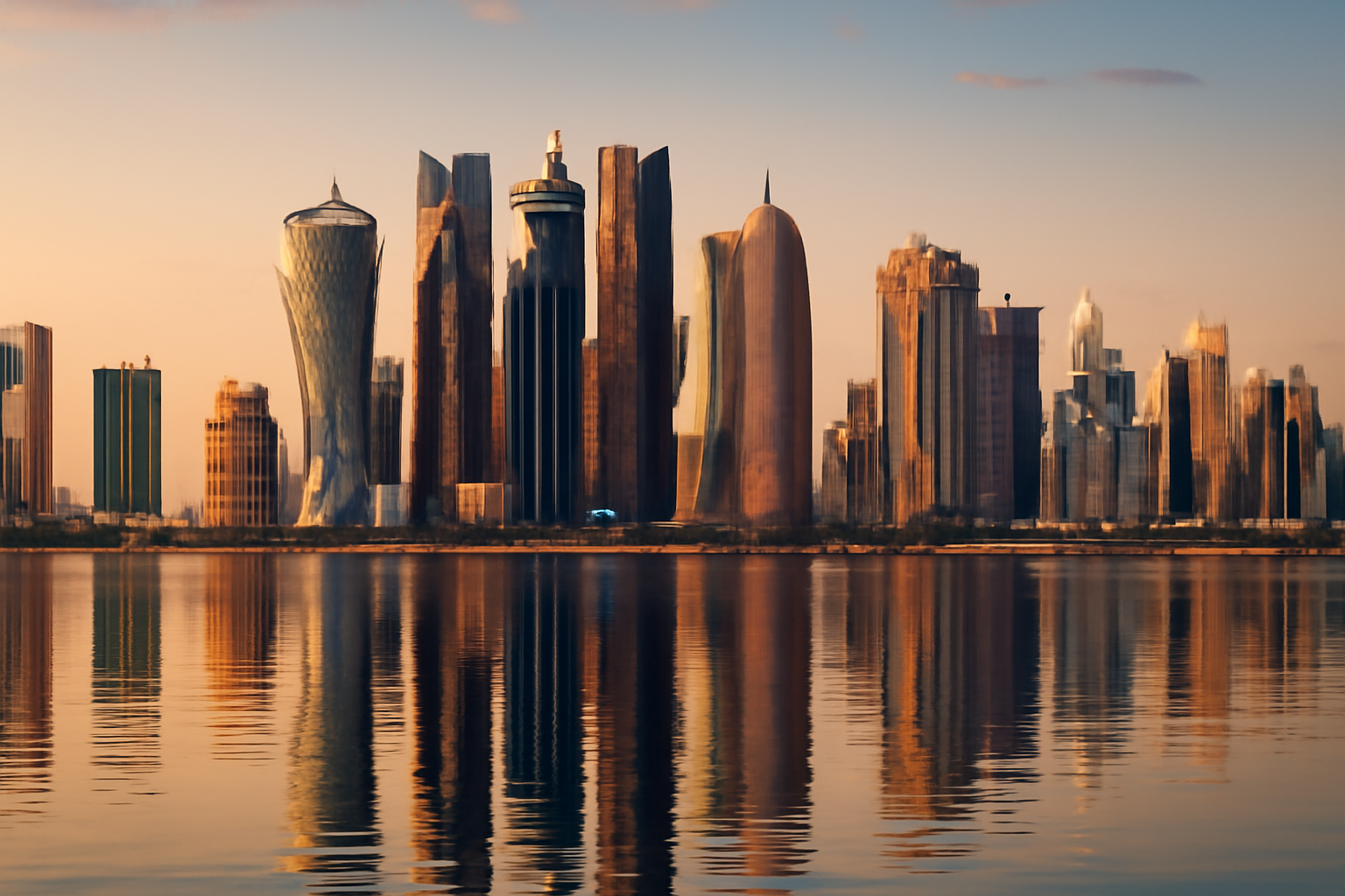 Doha skyline at dusk with financial district towers reflecting off the water