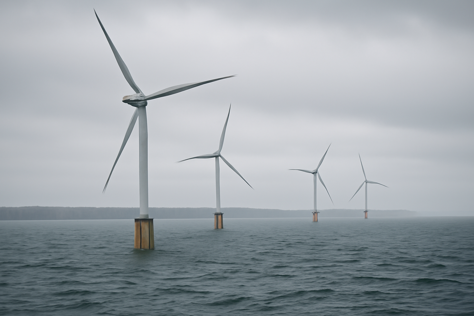 Offshore wind turbines standing in open ocean water near a coastline under overcast sky