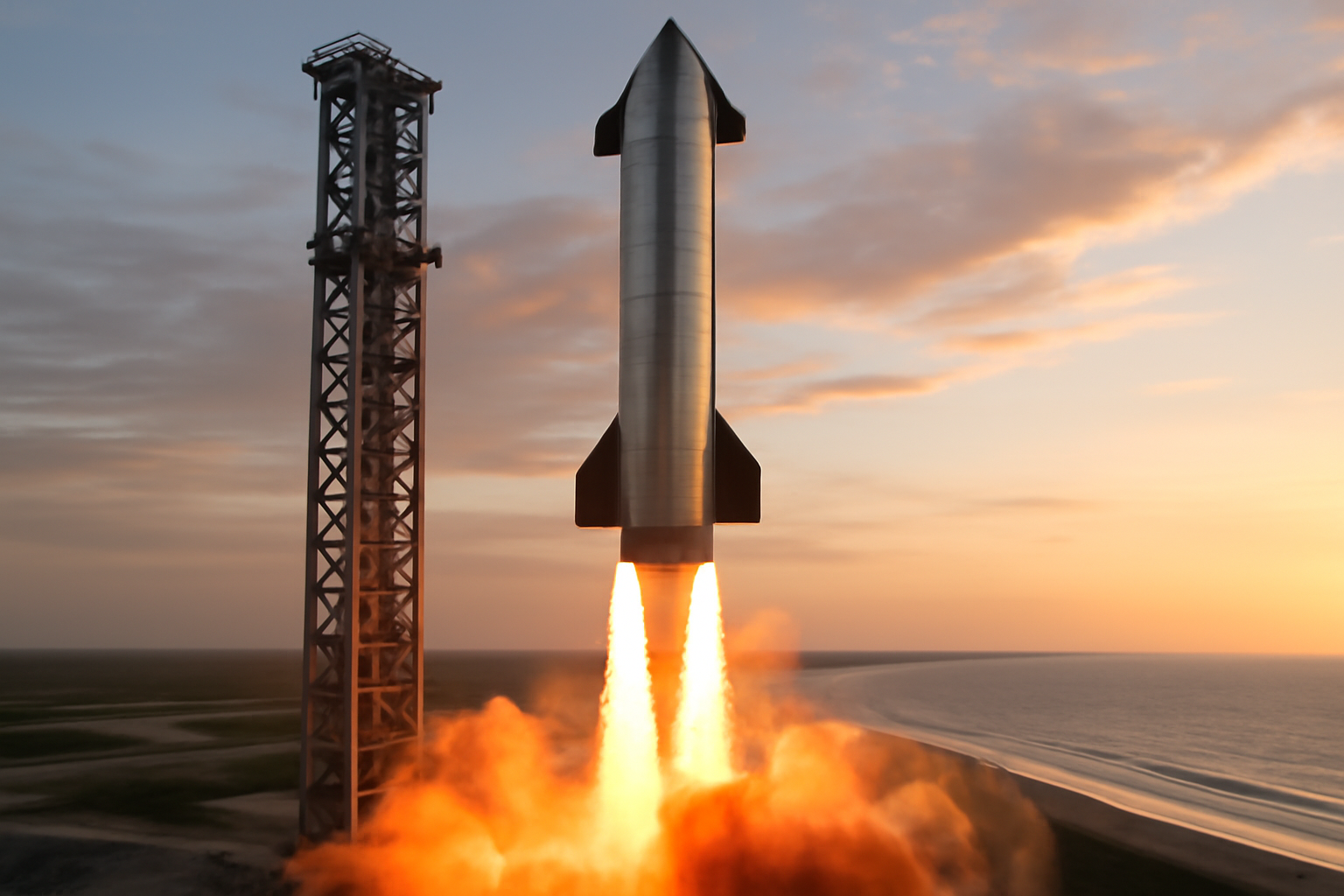 Starship rocket lifting off from a South Texas launch pad with exhaust plume against a clear sky