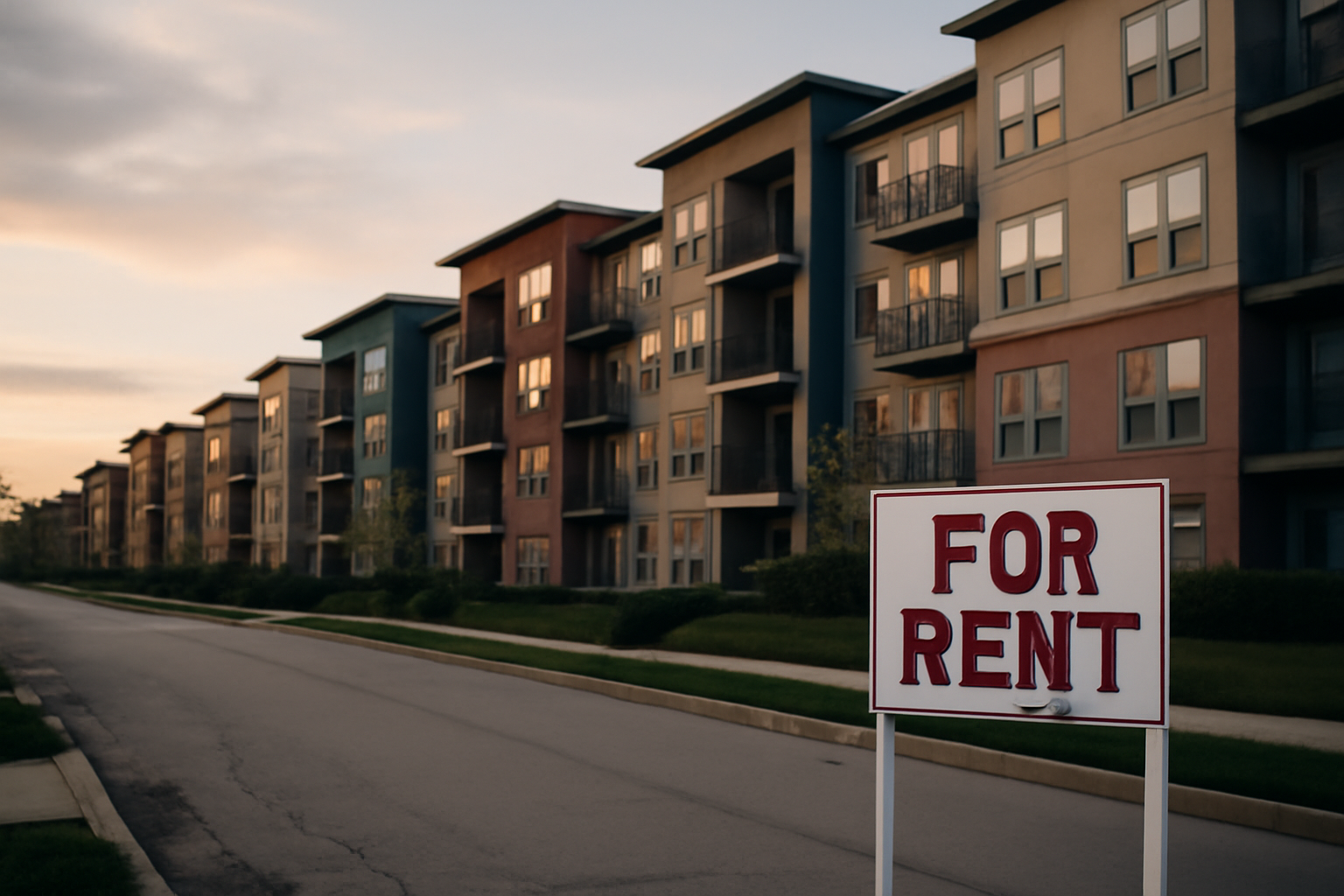 Apartment buildings with a for-rent sign in a U.S. residential neighborhood