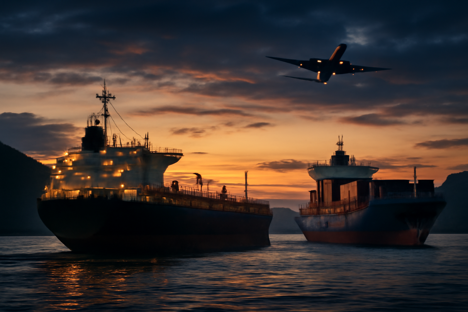 Container ship and oil tanker silhouettes near a narrow strait at dusk with a commercial jet overhead