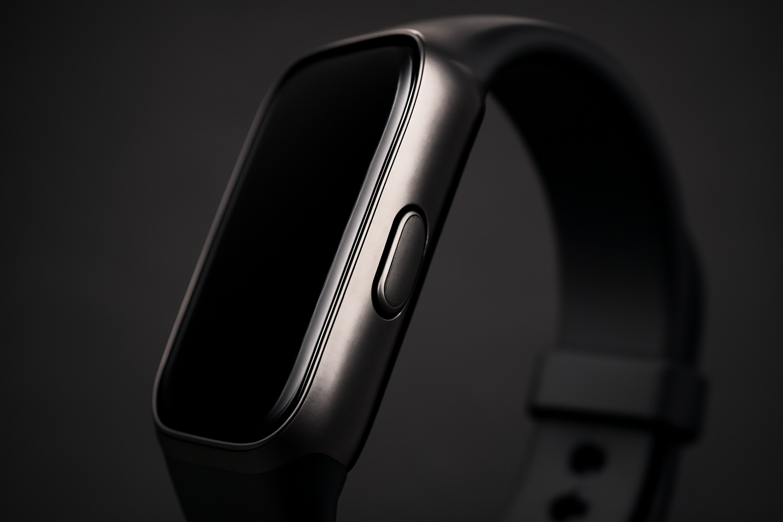 Close-up of a fitness tracker's side profile showing buttons and a metal case against a dark background