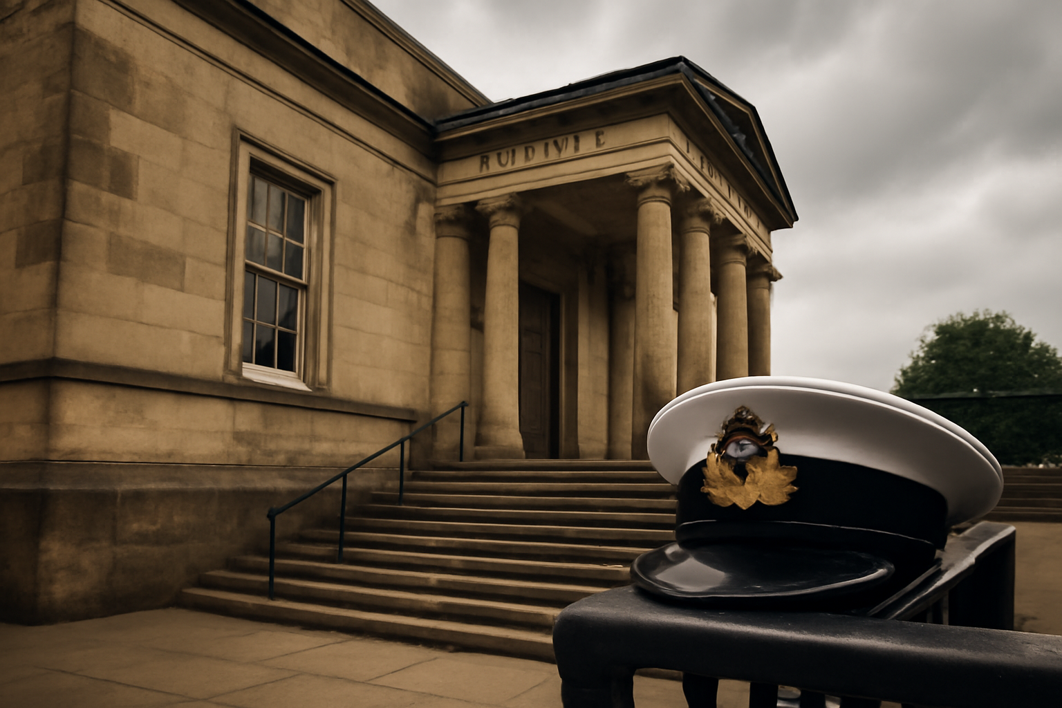 Exterior of a stone courthouse entrance under an overcast sky