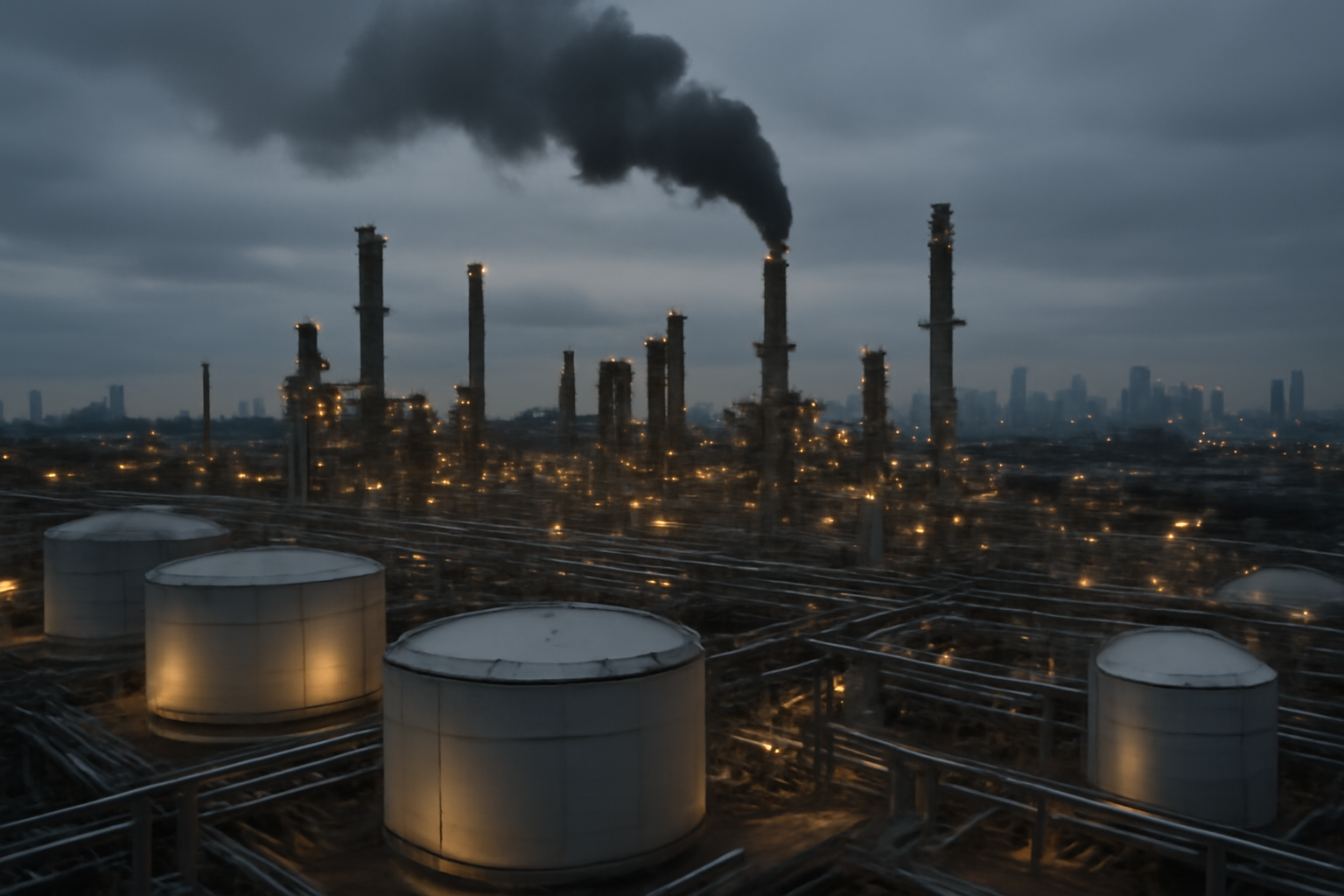 An oil refinery complex with visible smoke on the outskirts of a major city under overcast skies